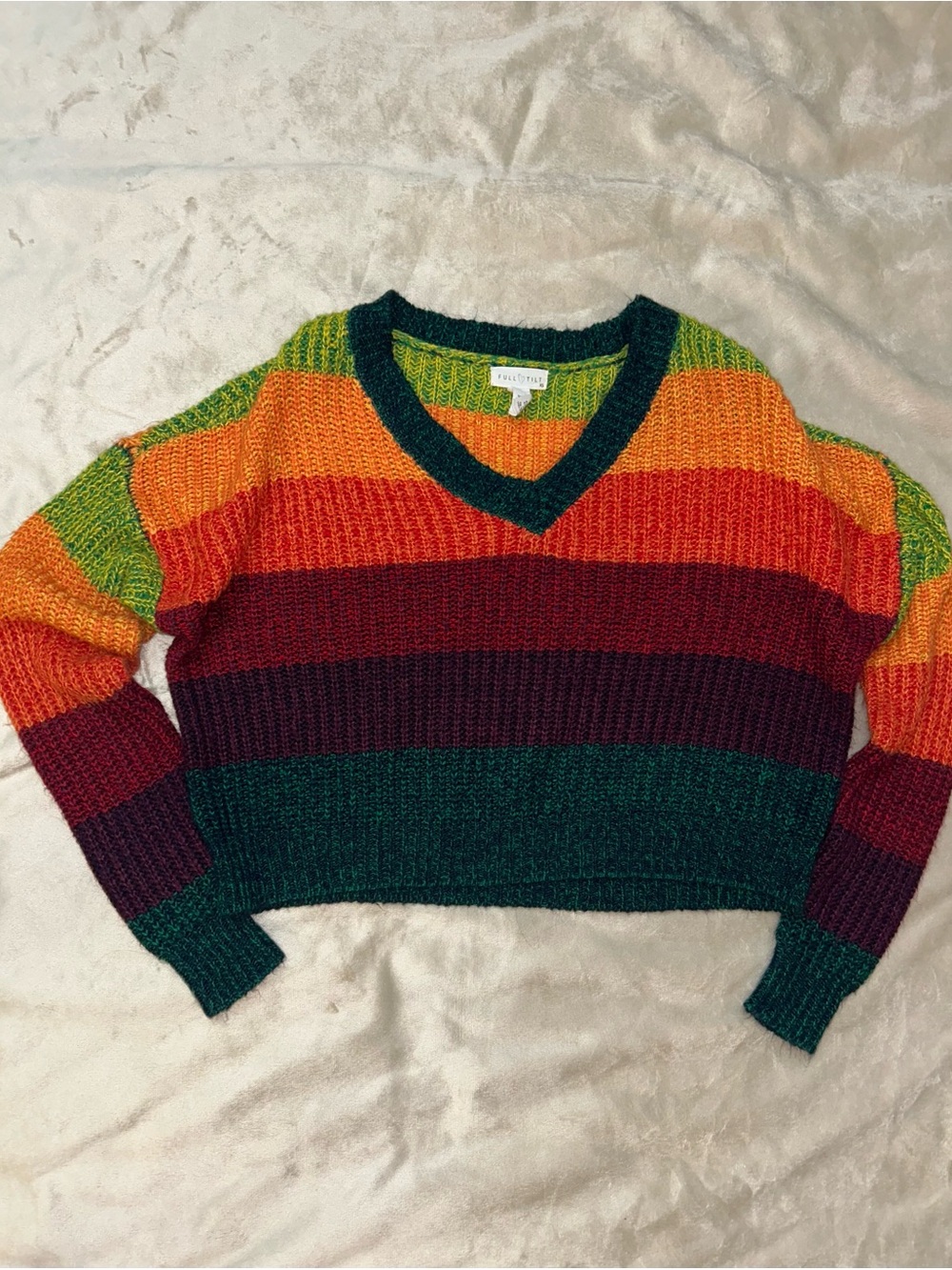 Tilly’s Full Tilt Striped V-Neck Sweater in Green, Orange, Red, Purple